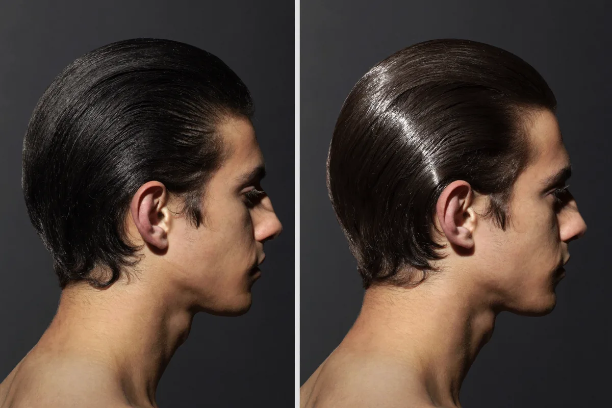 Two profiles side by side of slicked-back dark hair — a dry matte finish on the left, a high-gloss finish on the right
